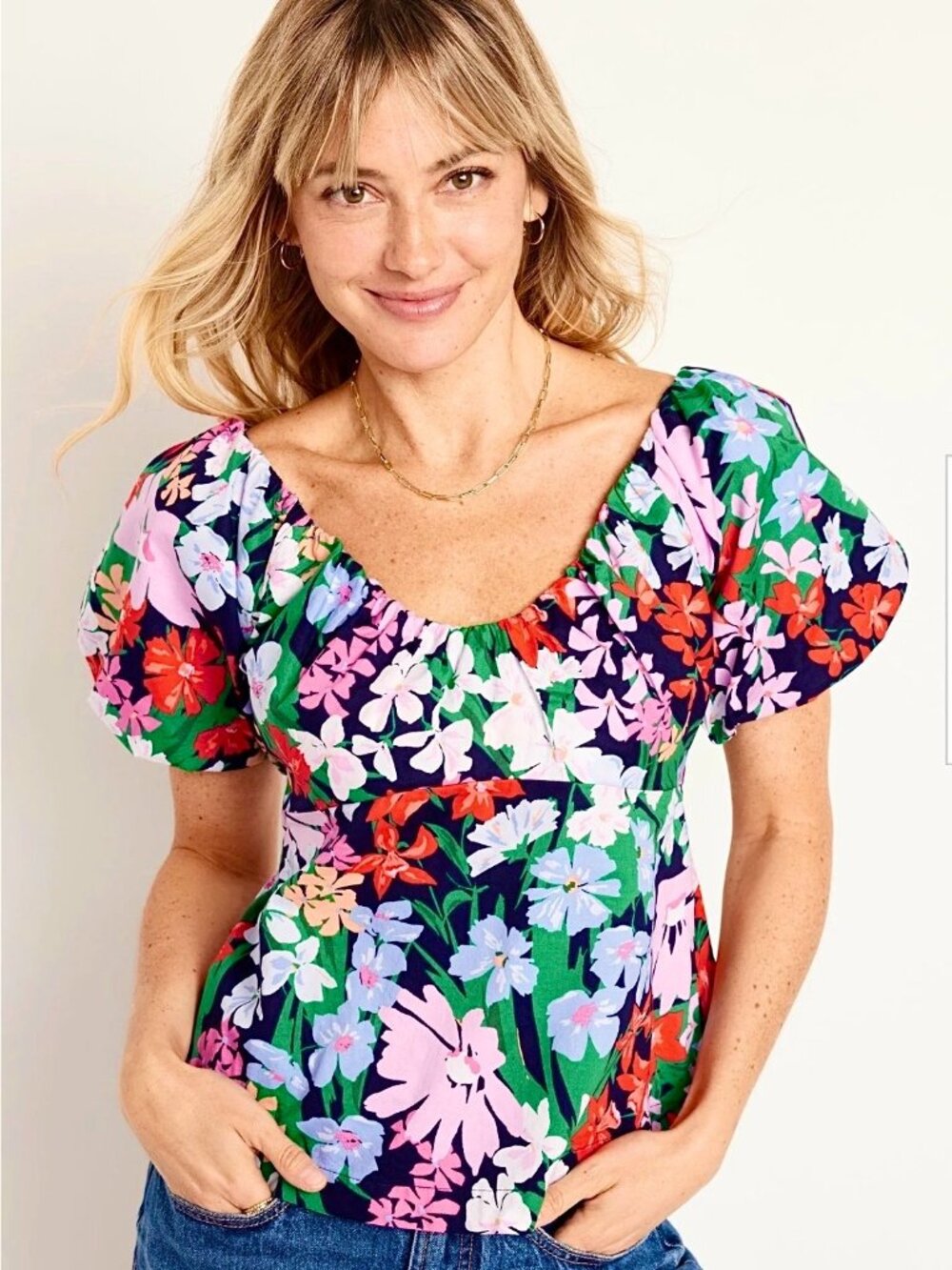 Old Navy Cotton Floral Babydoll Top Sz L Puff Sleeve Cottage Coquette